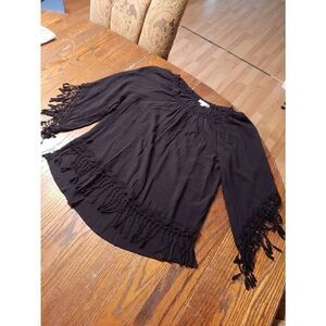 Small Spense Black Off Shoulder Lace Fringe Hem Bell Kimono Sleeve Shirt Top